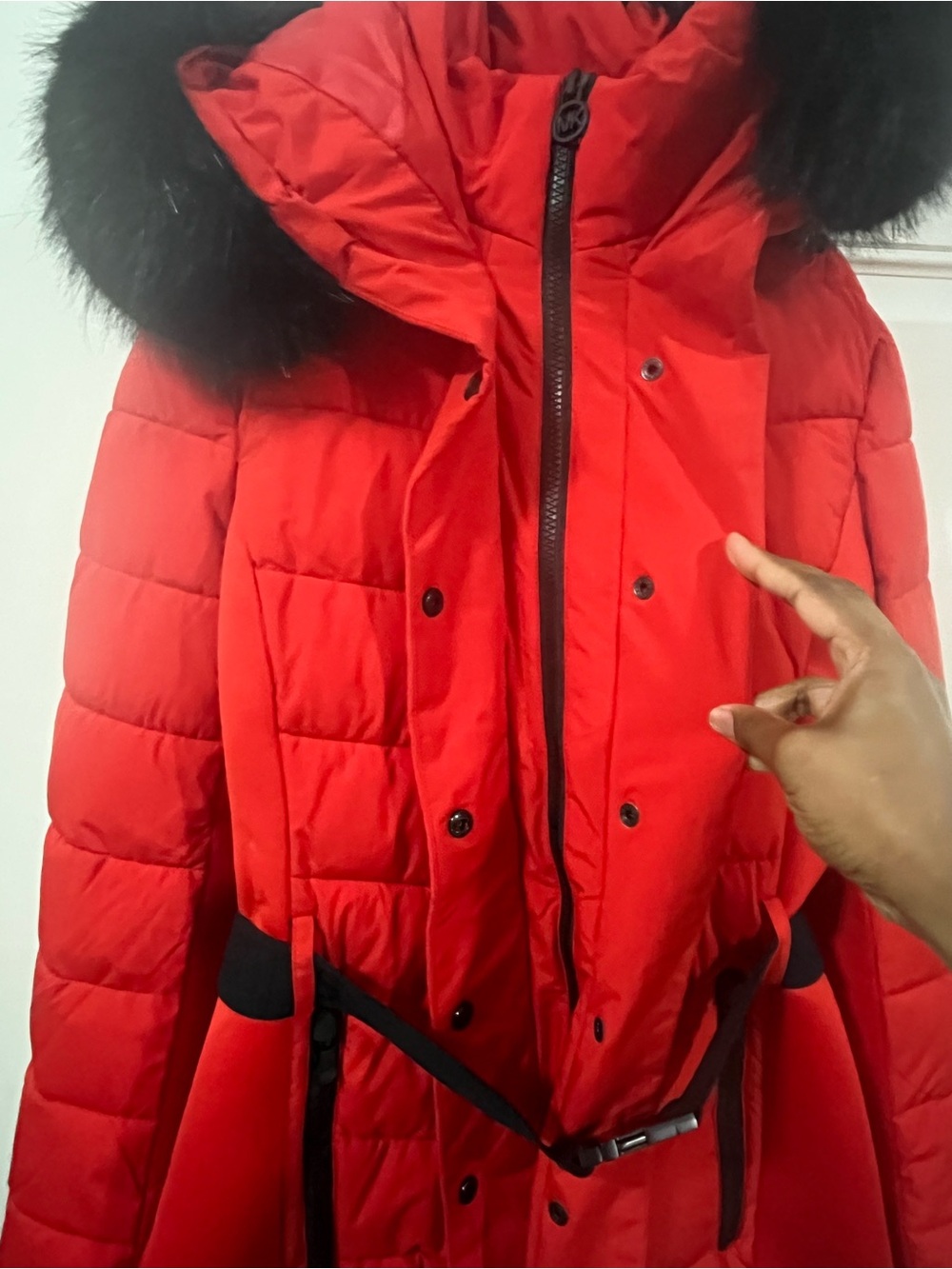 Michael Kors Bright Red Quilted Puffer Coat with Black Faux Fur Trim - Picture 3 of 5